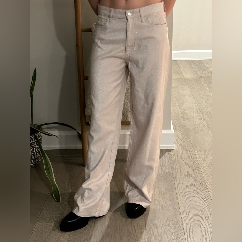 Zara Beige Gold Shimmer Lyocell Wide Leg Long Pants Jeans Trousers Size 6